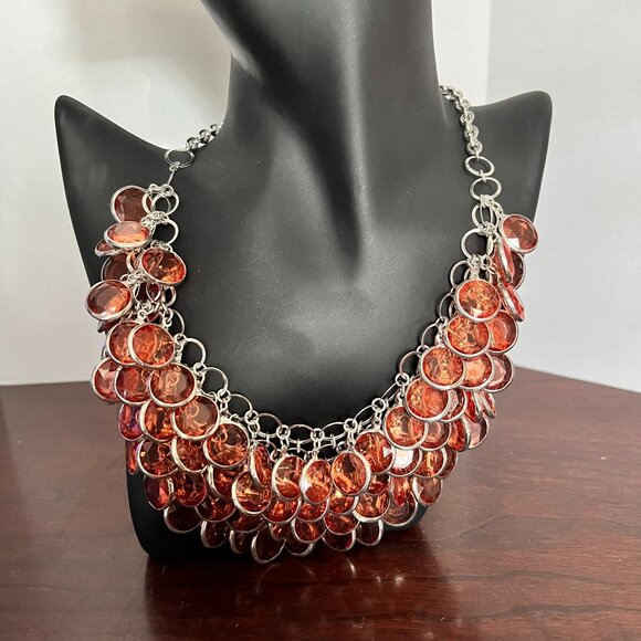Orange / Rust Crystal Cluster Statement Necklace - Picture 1 of 4